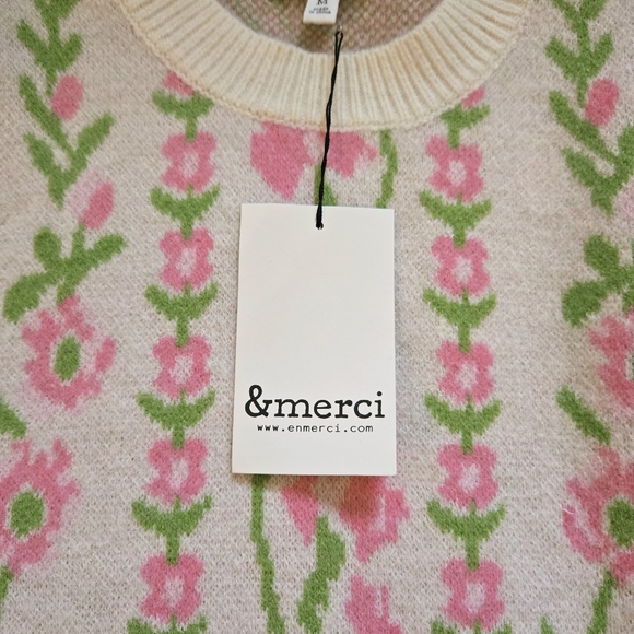 NWT &merci Chic Floral Crew Neck Sweater Pink Green, Fairy Cottagecore Spring - Picture 3 of 10